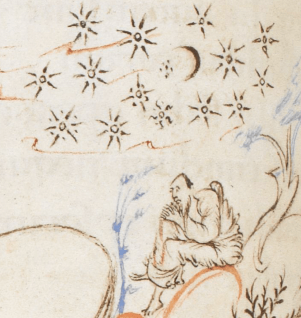 Medieval manuscript image of a man sitting contemplatively beside a tree and in the sky above is a crescent moon and a dozen or so stars; each star is a circle with eight disconnected lines radiating out from them.