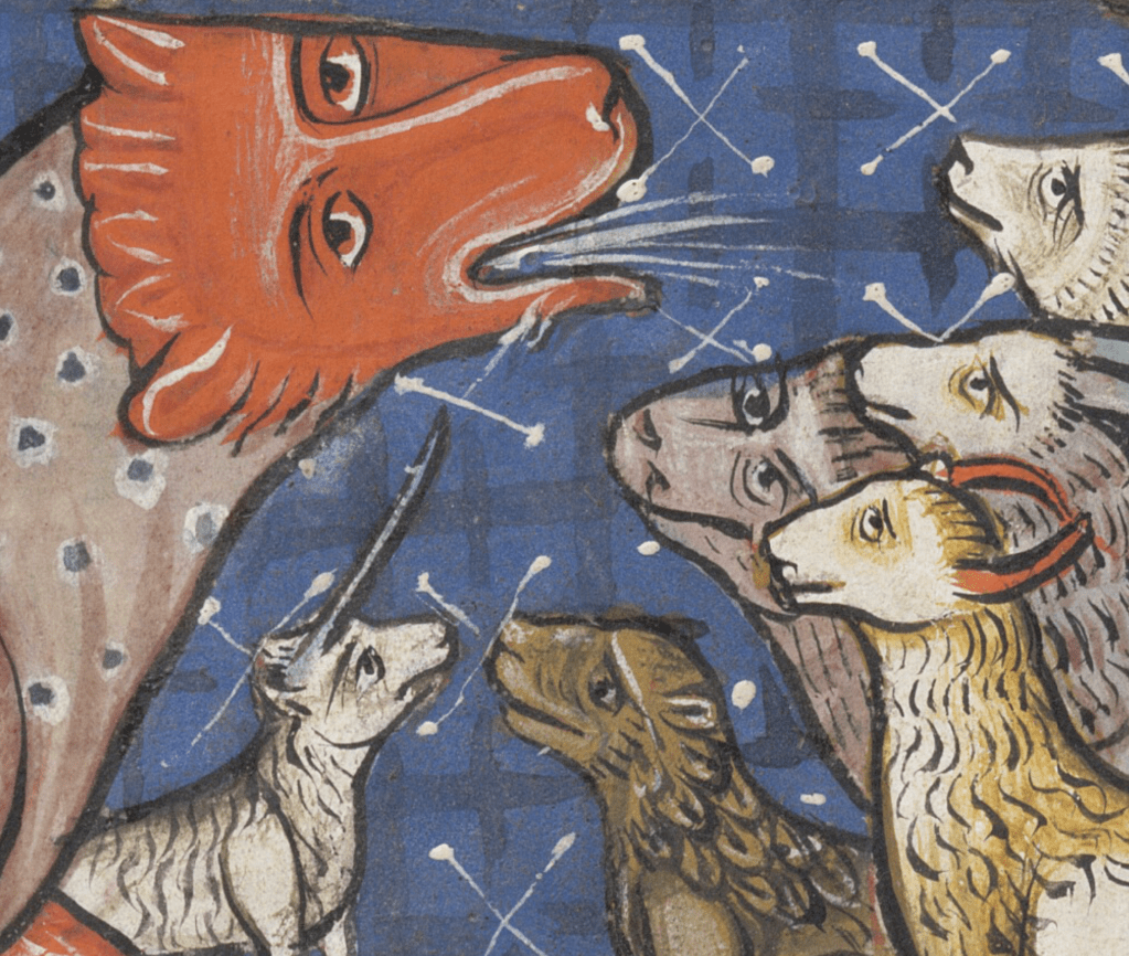 Medieval manuscript image of a hairy, orange beast with ears and human eyes and eyebrows exhaling a white mist, by which a group of various animals (goats, a lion, a unicorn, etc.) seem entranced.