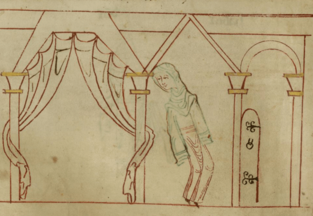 Medieval manuscript image of a person standing inside a building that has four columns, two of which are draped with ceiling-to-floor curtains, and a door that looks too small for the person.