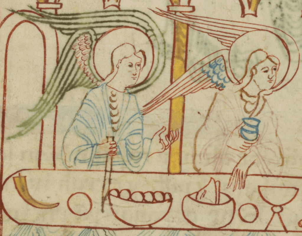 Medieval manuscript image of two angels sitting behind a long table with dishes of food and a drinking horn; one holds a knife and the other a cup, and they are looking off to the right.