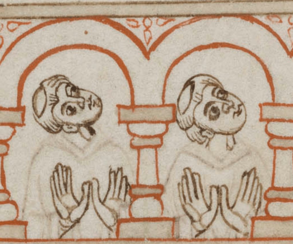 Medieval manuscript image of two tonsured monks standing side by side, each framed in a rounded-arch window, each with their head tilted to the left and their hands raised palms out before them.