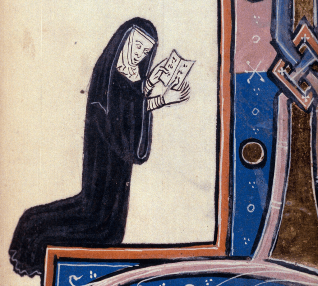 Image of a nun kneeling in the corner of a decorative initial in a medieval manuscript; she wears a black habit and veil and reads from a book held open in her hands.