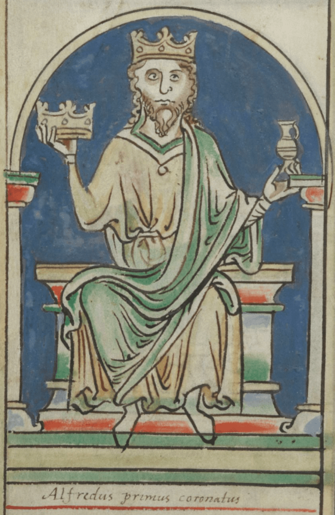 Medieval manuscript illustration of a bearded man wearing a crown and sitting on a back-less throne; he has a crown in one hand, a small ewer in the other, and beneath him are the words ‘Alfredus primus coronatus’.