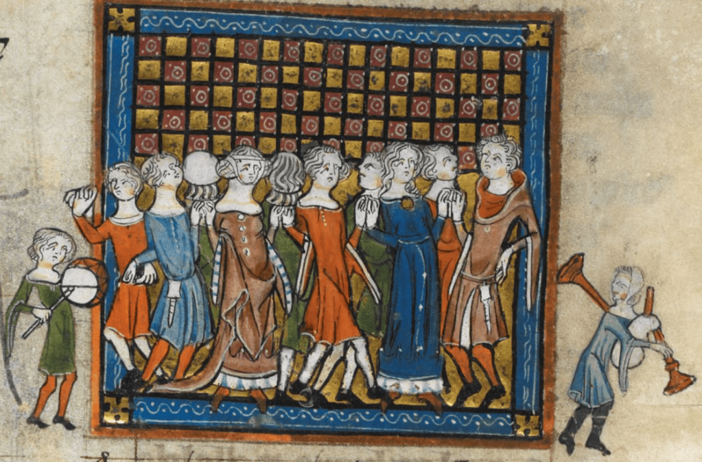 Medieval manuscript image of a group of ten men and women dancing while holding hands in a circle; on the left a child beats a drum with a stick and on the right another child plays the bagpipes.