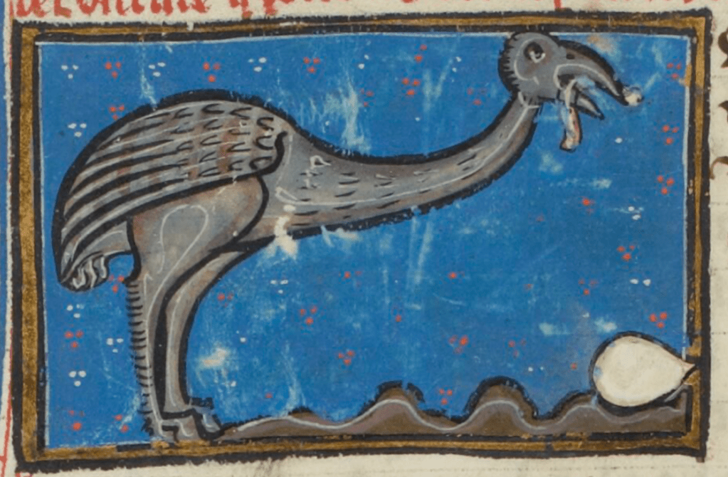 A dark, emu-like bird with a long neck, small head, a large eye and beak in profile against a blue background; there’s a large egg on the ground, and in the bird’s mouth is a horseshoe.