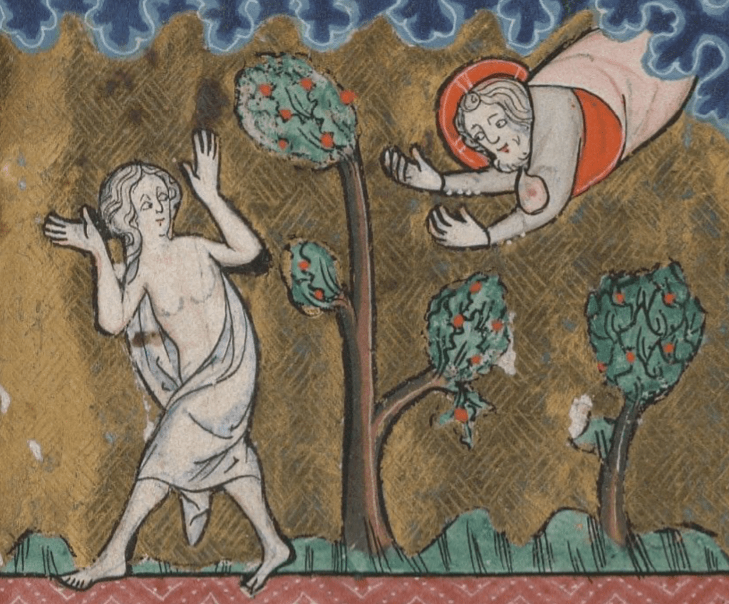 Medieval manuscript image of a woman with her hands in the air, looking behind her, wearing only a cloth that reveals her chest, arms and legs; a haloed, bearded man comes out of the sky towards her.