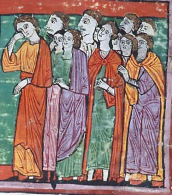 Medieval manuscript image of a group of people in fine attire with unhappy expressions on their faces as they look off to the left; the one farthest to the left is brushing tears from his eyes with one hand.