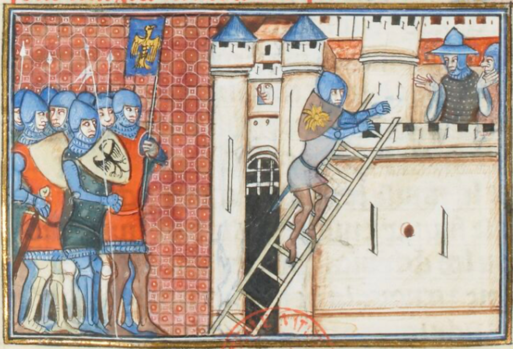 Medieval manuscript image of a troop of soldiers standing beside a castle, one of whom bears a blue standard with a gold eagle; a face looks out from a window in the castle, and a soldier climbs a ladder up its wall, where a couple guards watch helplessly.