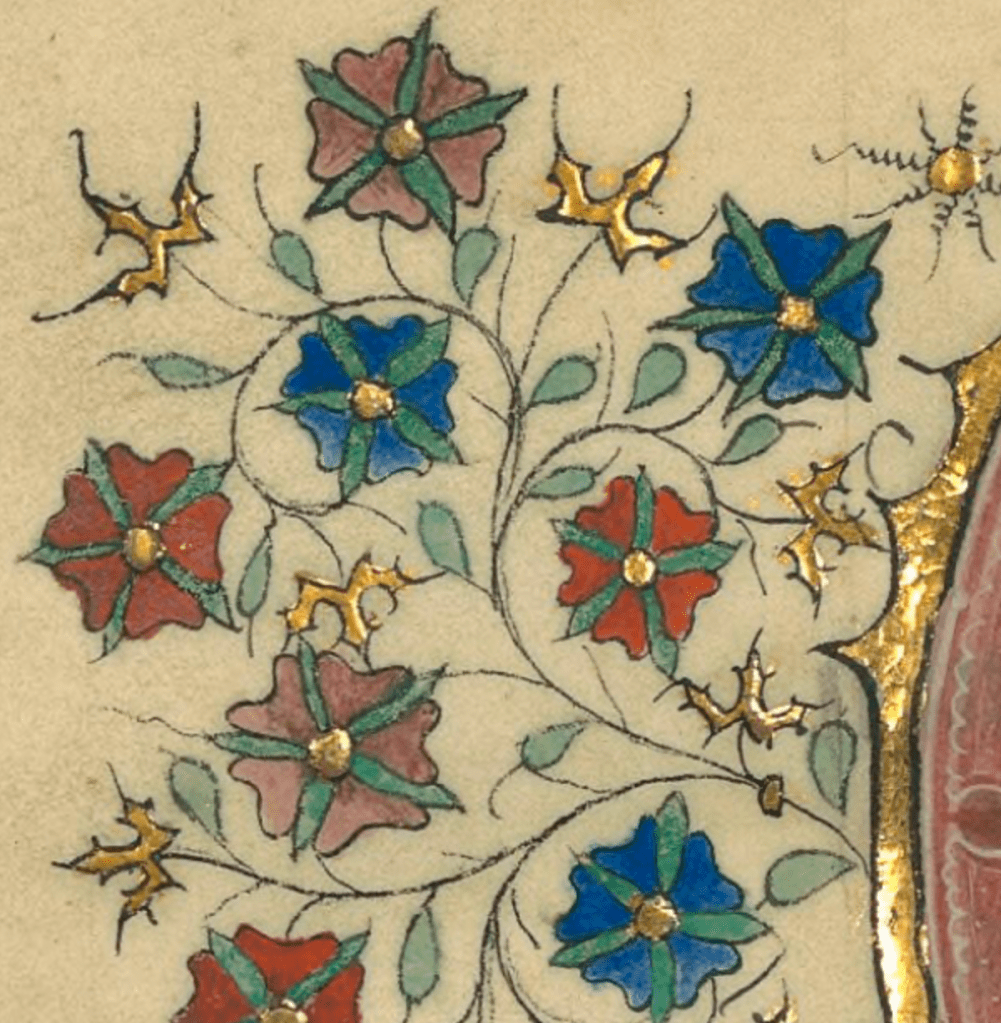 The margin of a medieval manuscript decorated with blue, pink and red flowers with green leaves, accented with shiny gold plate.