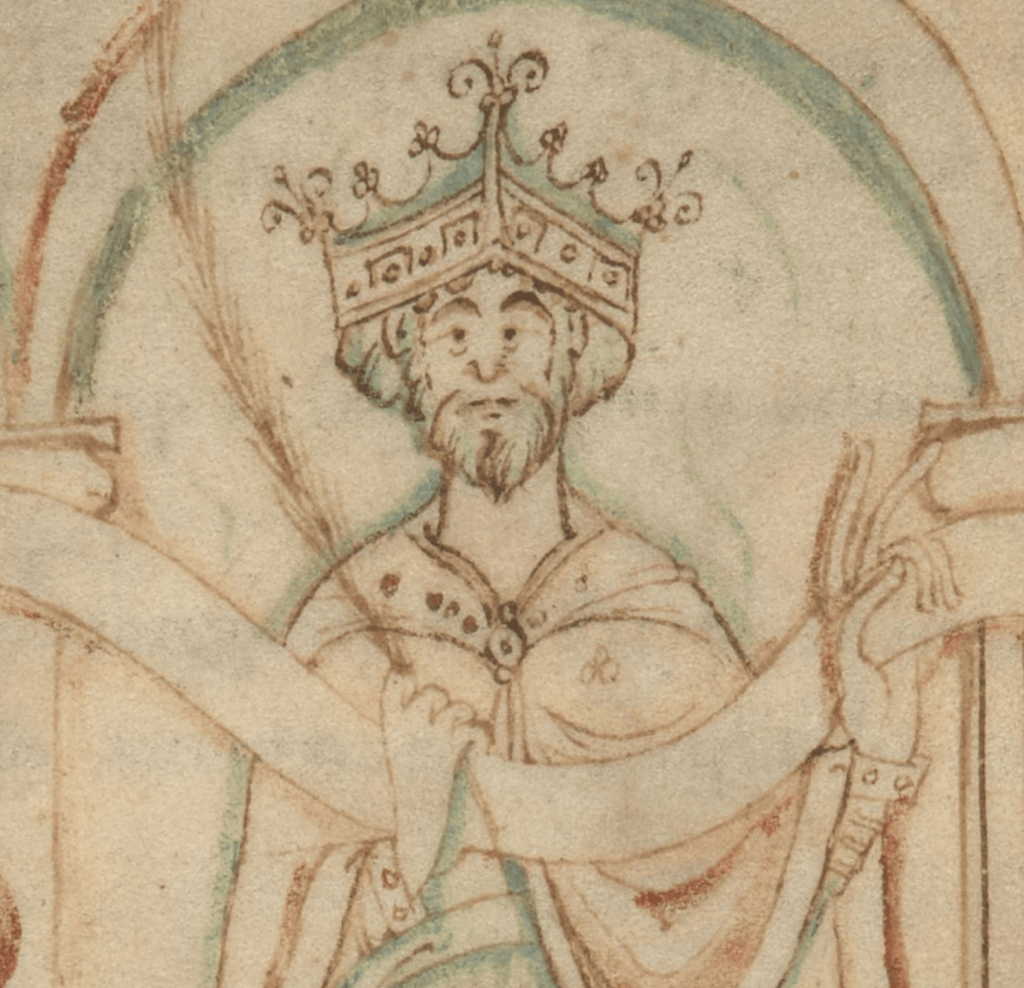 Medieval manuscript image of a a bearded king wearing a large crown and fancy robes, holding a branch in one hand and gesturing with the other, a scroll stretched in front of him.
