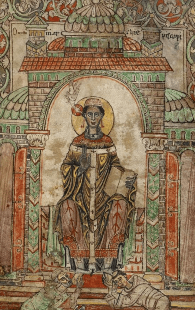 Medieval manuscript image of a haloed man in a robe with crosses on it sitting on a bench on a dais in a fancy building; a haloed bird appears to whisper something in his ear and two men kiss his feet.