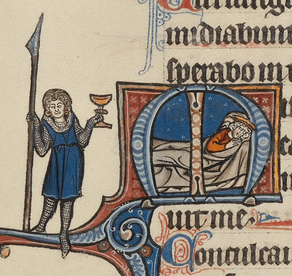 Medieval manuscript with an historiated initial M, inside of which is a sleeping man; outside of the initial a man stands with a long spear in his right hand and a chalice in his left hand.