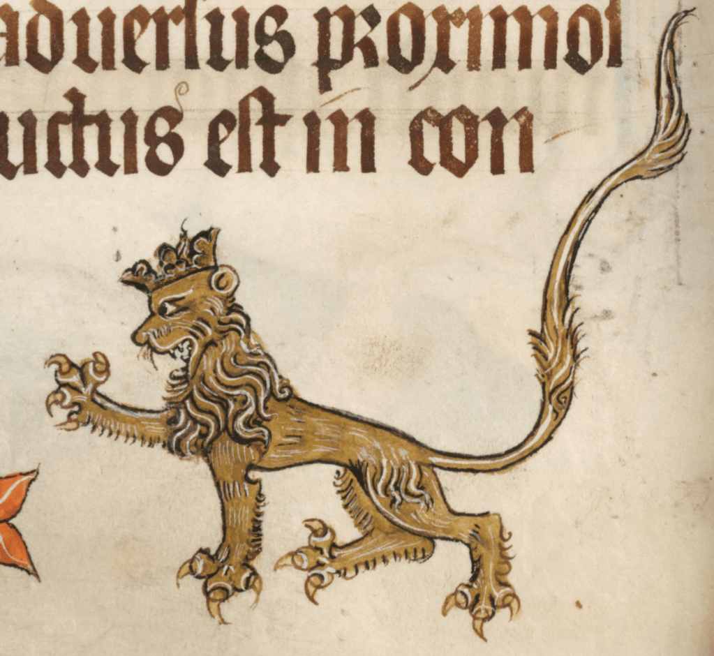Medieval manuscript image of a long-tailed lion wearing a crown, with one of his forepaws raised; his mouth is opened to reveal sharp teeth, and each paw has very large claws.