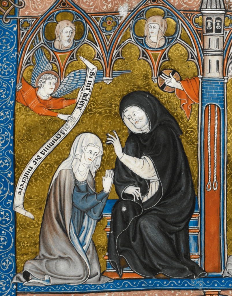 Medieval manuscript image of a white-veiled nun on her knees, hands clasped together as she confesses to a monk in a black habit; an angel holding a scroll watches on the left, and a hand making a gesture of blessing reaches out from the right.