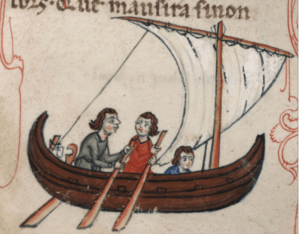 Medieval manuscript image of three men in a single-sailed ship, two of whom hold oars.