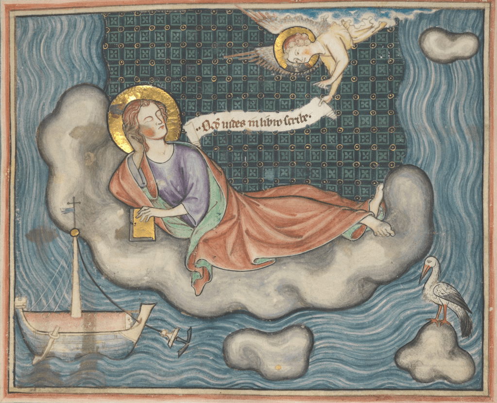 Medieval manuscript image of a haloed man holding a book and sleeping on an island; a ship drops its anchor nearby, a white bird perches on a rock, and an angel comes down from the clouds with a scroll.