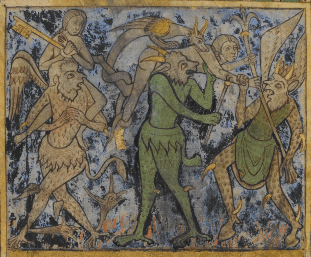 Medieval manuscript image of three hairy, winged demons carrying and tormenting two humans; a dragon-like creature bites the shoulder of one of the humans, and the other human holds a giant key; horns and even the heads of other monstrous creatures protrude from the demons’ bodies.