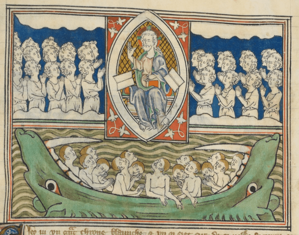Medieval manuscript image of God enthroned in a mandorla with books on either side of him; outside the mandorla are worshippers; below God is a toothy hell-mouth gaping open with souls suffering within.