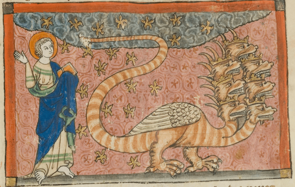 Medieval manuscript image of a haloed man carrying a book looking upon a seven-headed, two-footed, winged dragon-like creature, with gold stars falling down from the heavens.