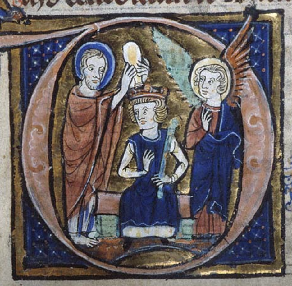 Medieval historiated letter D, inside of which is a young man wearing a crown and holding a sceptre who is having some liquid poured onto his head by a haloed man; an angel looks on.