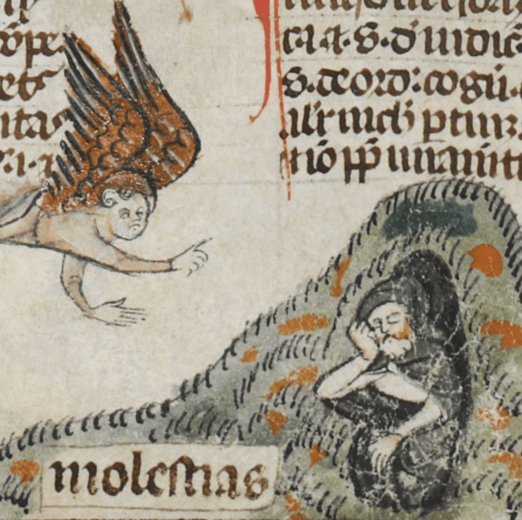 Medieval manuscript image of a man in a black cloak sleeping in the entryway to a cave; an angel flies overhead gesturing towards him, and the word ‘molestias’ is written on the grassy hill.