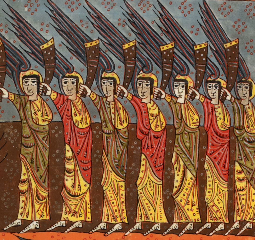 Medieval manuscript image of a row of seven angels facing the left, clothed in robes of gold and red, each holding a trumpet aloft in their right hand, their wings all angled off to the left.