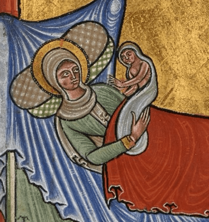Medieval manuscript image of the Virgin Mary lying in a bed, holding a baby Jesus in her hands; Mary’s head is propped up on a couple pillows with brown and green crosshatching.