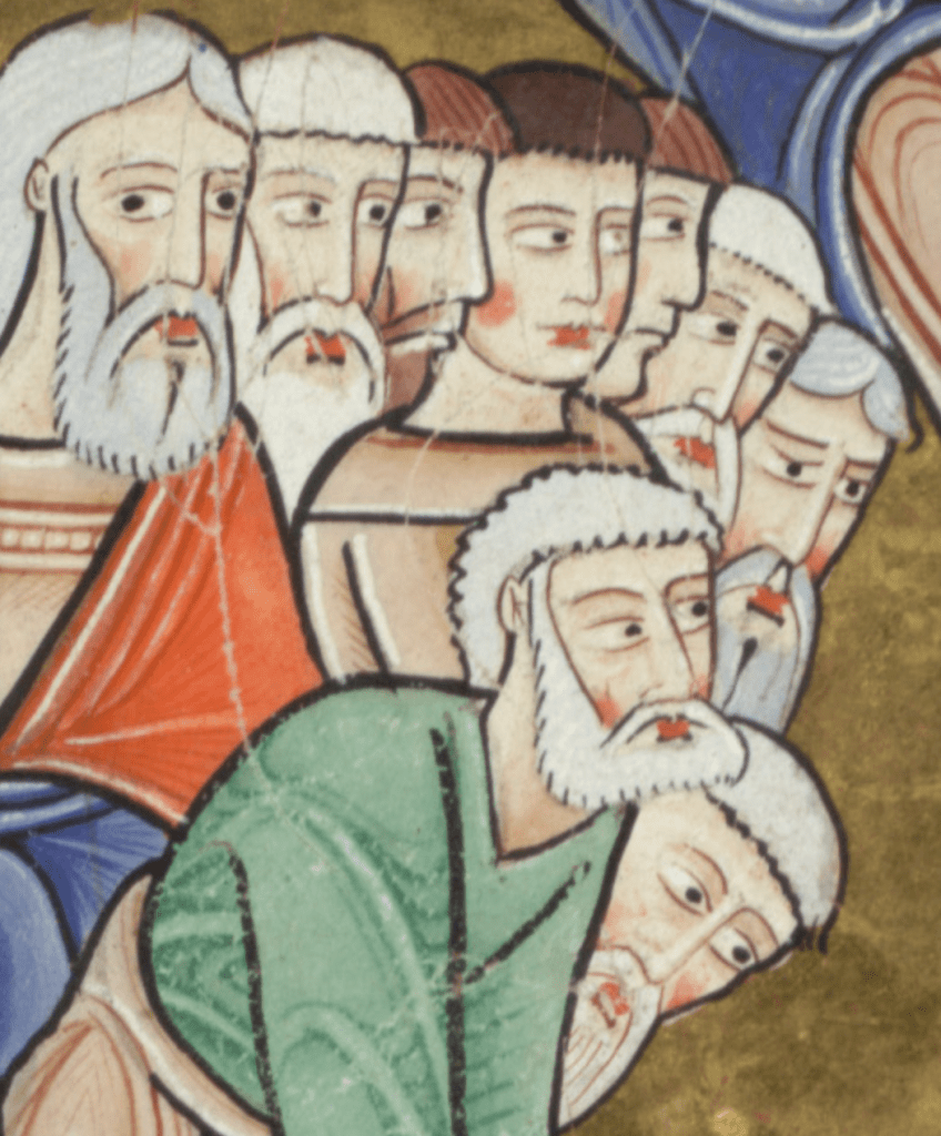 Medieval manuscript illustration of nine men all looking off to the right, a row of seven in the back and two bowing down in front; six of the men have white or grey hair and beards, while the other three have brown hair.