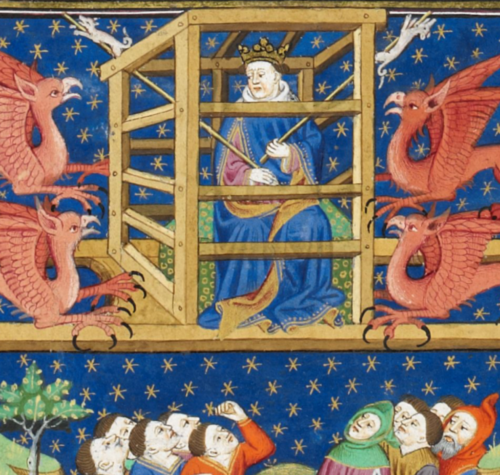 Medieval manuscript image of a king being carried aloft in a wooden frame by four griffins; he holds small animals out on sticks to tempt the griffins into the air; a group of men watch from below.