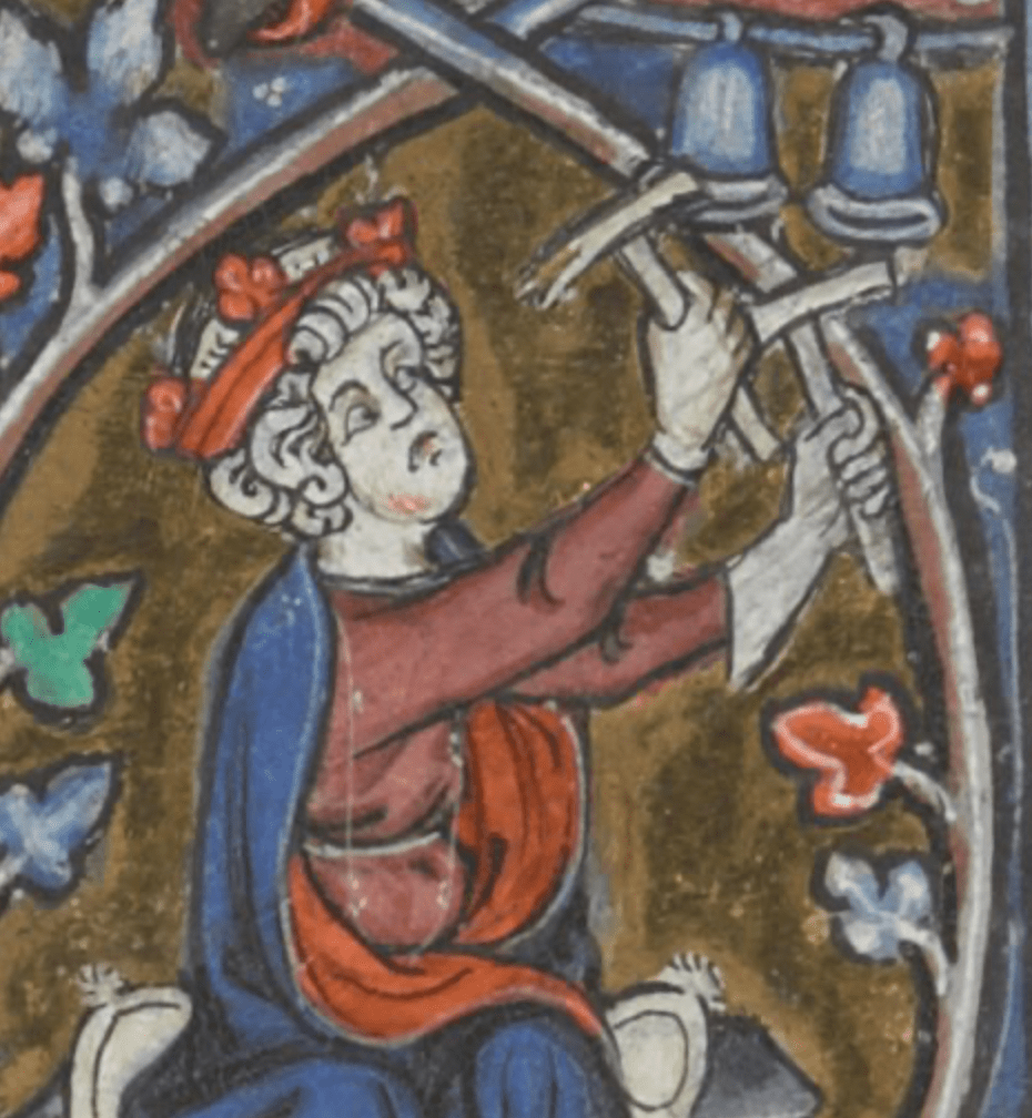 Medieval manuscript image of a king striking two bells, with a mallet in each hand, that hang above the bench where he sits.
