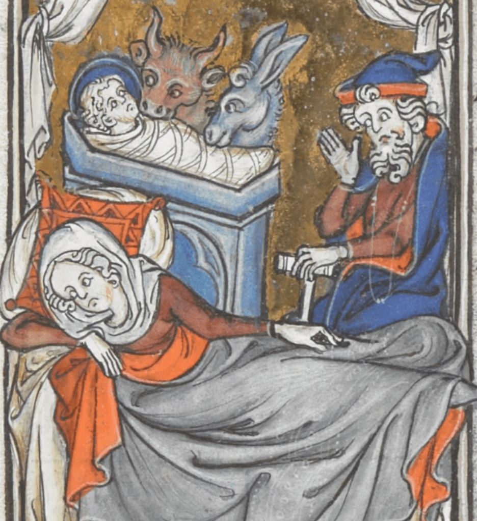 Medieval manuscript image of the Nativity; Mary casts her eyes down as she lies reclined, Joseph sits behind her with a crook in one hand and the other hand raised, and there is a manger holding a swaddled baby Jesus, with a very attentive cow and donkey sticking their noses up close to him.