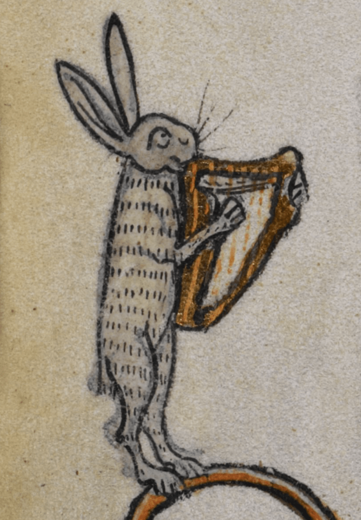 Medieval manuscript image of a hare standing on its hind legs and playing a golden harp with its forefeet.