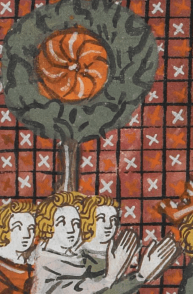 Medieval manuscript image of a tree with a glowing orange sun in its branches; beneath it are three people, two of whom clasp their hands together before them.