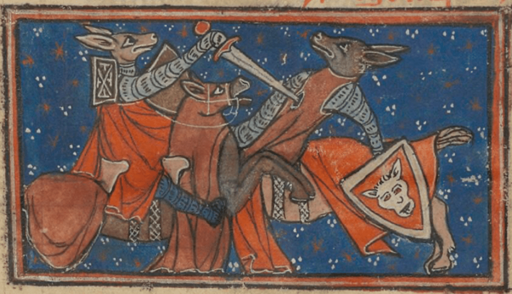 Medieval manuscript image of two foxes dressed as knights fighting on horseback; the sword of the one on the left pierces the chest of the one on the right.