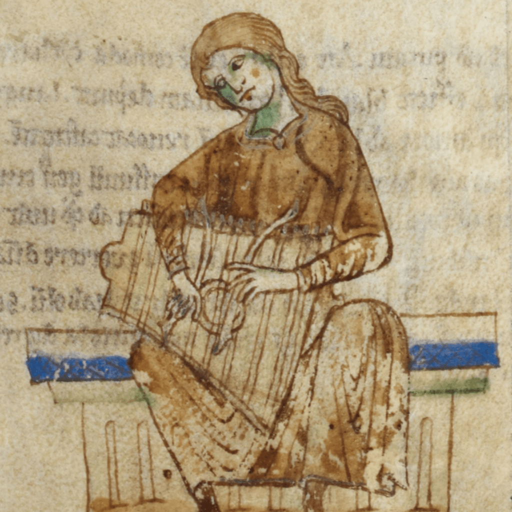 Medieval manuscript image of a woman seated on a bench, head tilted to the side, playing a harp that rests in her lap.