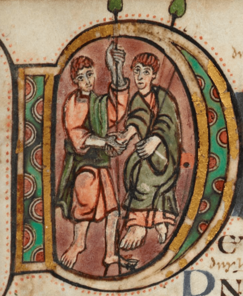 Historiated initial D in a medieval manuscript, inside of which are two barefoot young men holding spears and shaking hands.