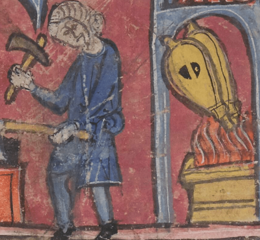 Medieval manuscript image of a blacksmith hammering on an anvil; behind them a bellows is suspended over an open fire.