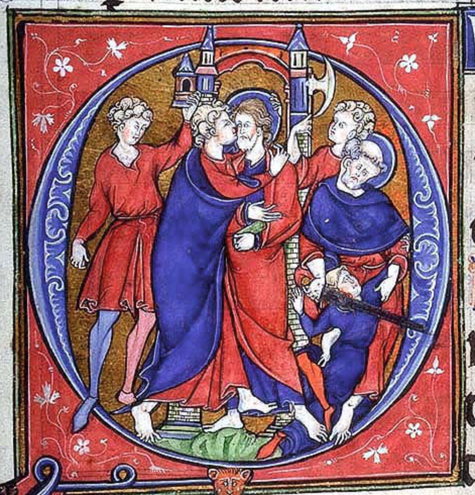 Medieval manuscript image of Judas embracing Christ by grasping his nimbus and shoulder to kiss him; Christ holds a book in his left hand and is flanked by two men in tunics; to the right Apostle Peter grasps Malchus and cuts his ear with a sword.