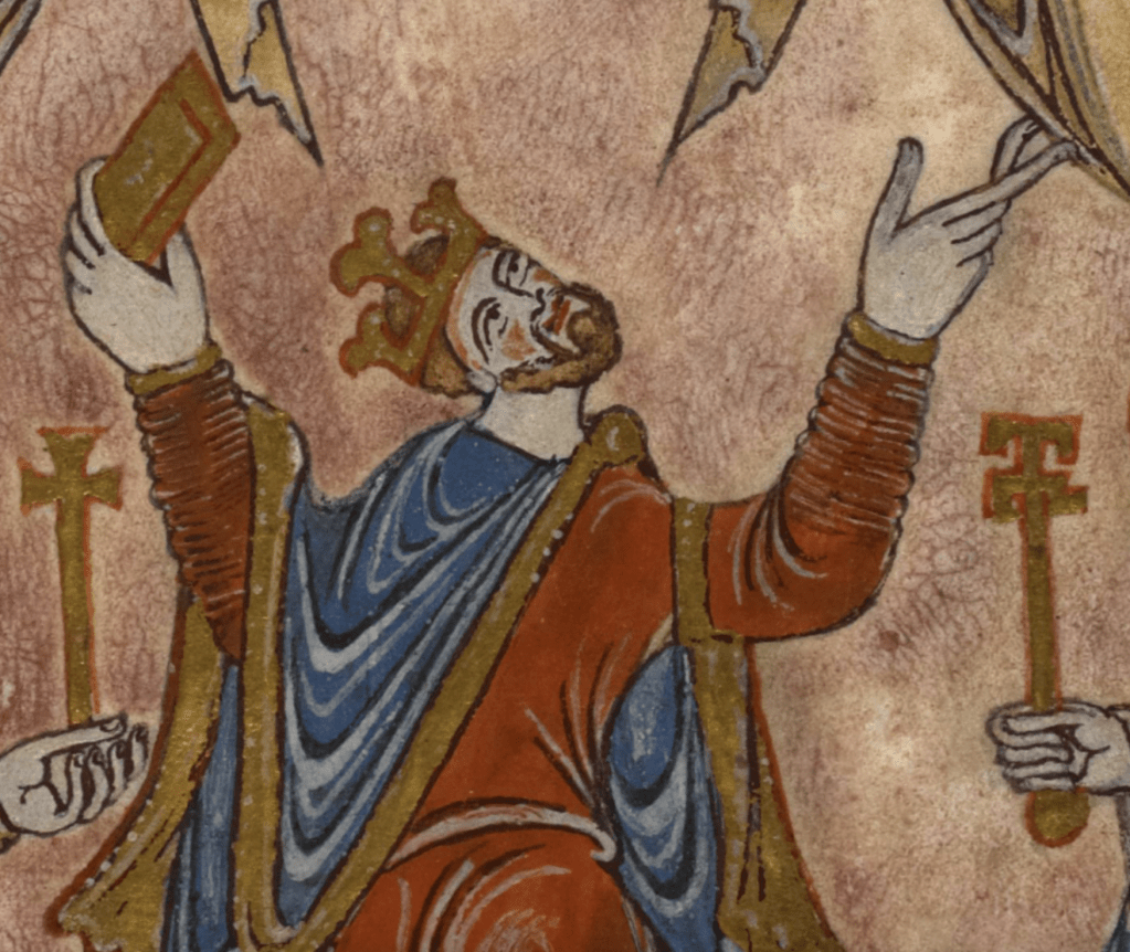 Medieval manuscript image of a bearded king wearing a gold crown with his arms outstretched towards the heavens; in his left hand he holds a golden book or document.