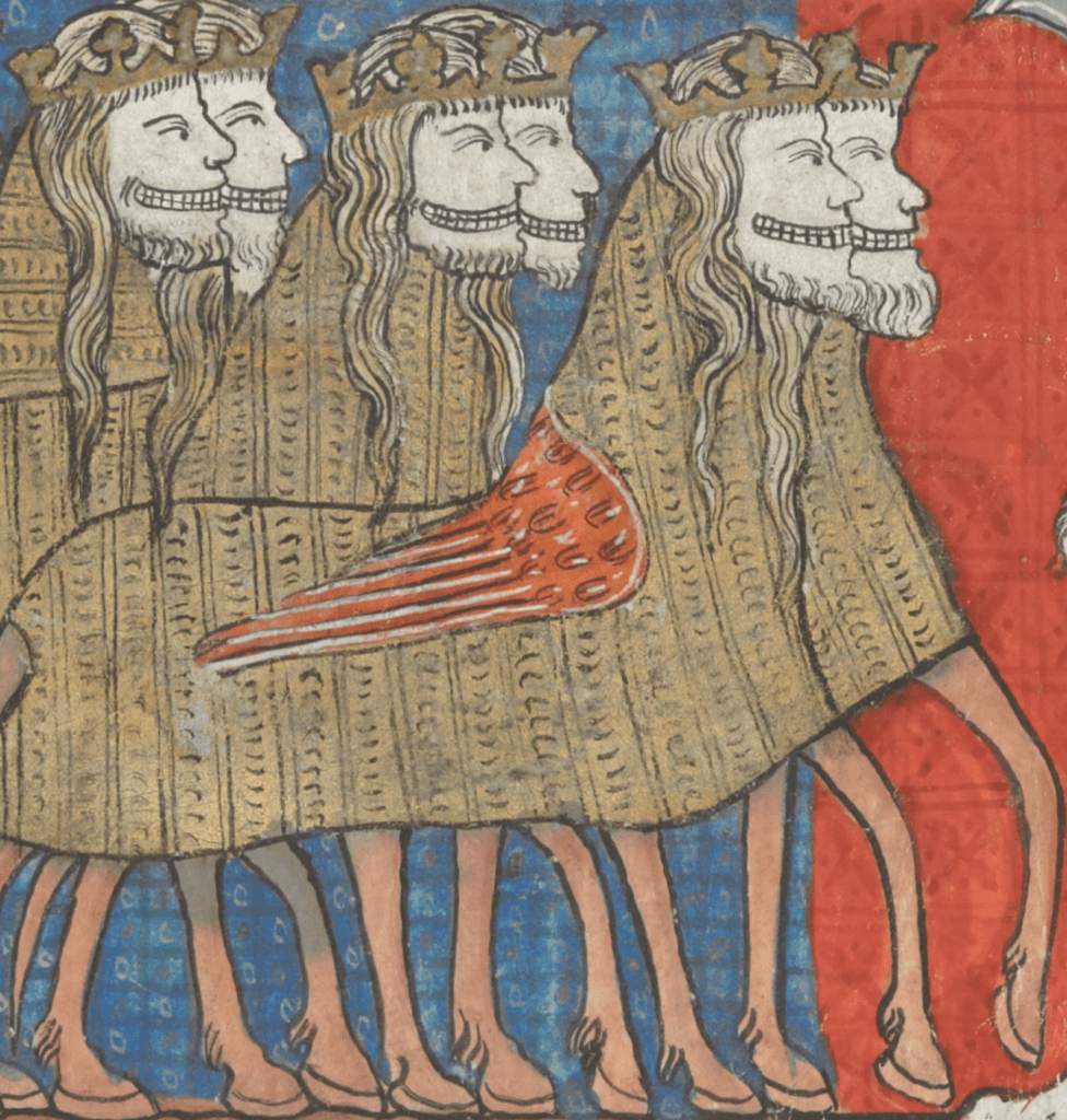 Medieval manuscript image of a line of three hoofed creatures, each of which has two heads; the heads have toothy grins and wear gold crowns; the creature at the front of the line also has feathery wings.