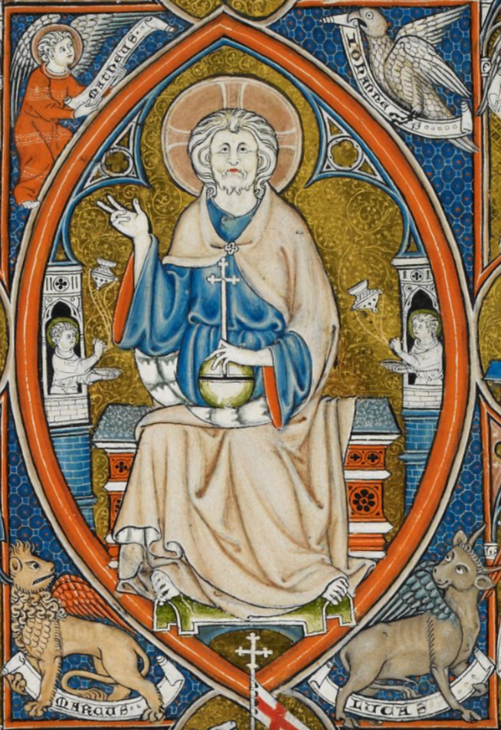 Medieval manuscript image of God sitting on a bench with an orb and cross in his lap; he sits within a mandorla, which is surrounded by the symbols of the four evangelists: Matthew the winged man, John the eagle, Mark the winged lion, and Luke the winged ox.