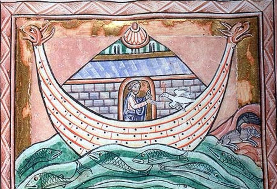 Medieval manuscript image of a white dove flying to Noah in his dragon-head-adorned ark, floating on waters teeming with fish and eel; a raven pecks at an animal corpse on a bit of land beyond.