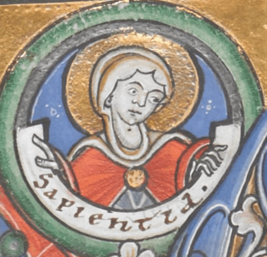 Medieval manuscript roundel containing a depiction of wisdom as a person with a golden halo holding a scroll that says ‘sapientia’.