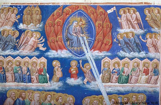 Medieval manuscript image of groups of nimbed angels, some holding objects, including staff with cross-inscribed banner, scourge, scrolls, sceptre and globe, flanking fourteen nimbed cherubim, supporting mandorla enclosing Virgin Mary and Christ, both nimbed and emanating rays, with rays extending downward from their hands.