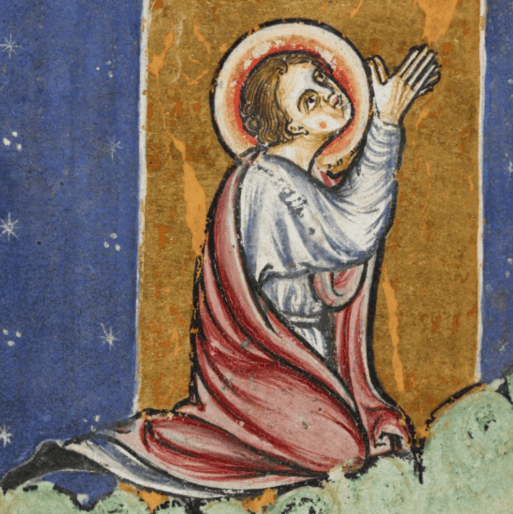 Medieval manuscript image of a haloed man kneeling on the ground, his hands raised together in front of him in prayer.