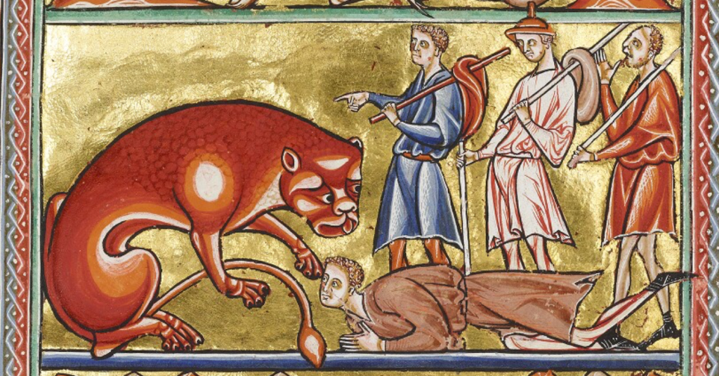 Medieval manuscript image of a man sprawling on the ground, looking up at the lioness before him; three other men stand watching, one of them pointing to the lioness.