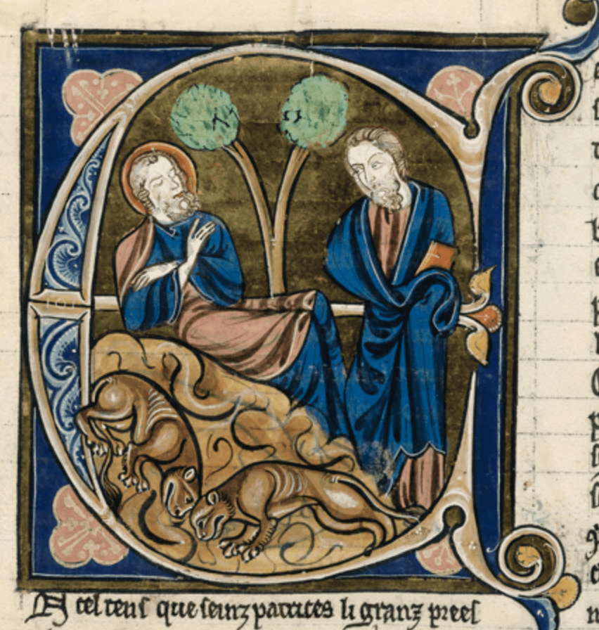 Medieval manuscript historiated initial E, in which a haloed man is asleep on a small hill while a man with a book watches; in the foreground are two creatures resembling lion cubs.