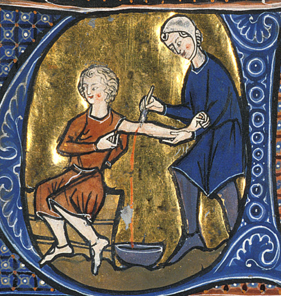 Medieval manuscript image of one person sitting with their arm outstretched while another person, standing, cuts the arm with a knife, allowing the blood to fall into a bowl on the ground.