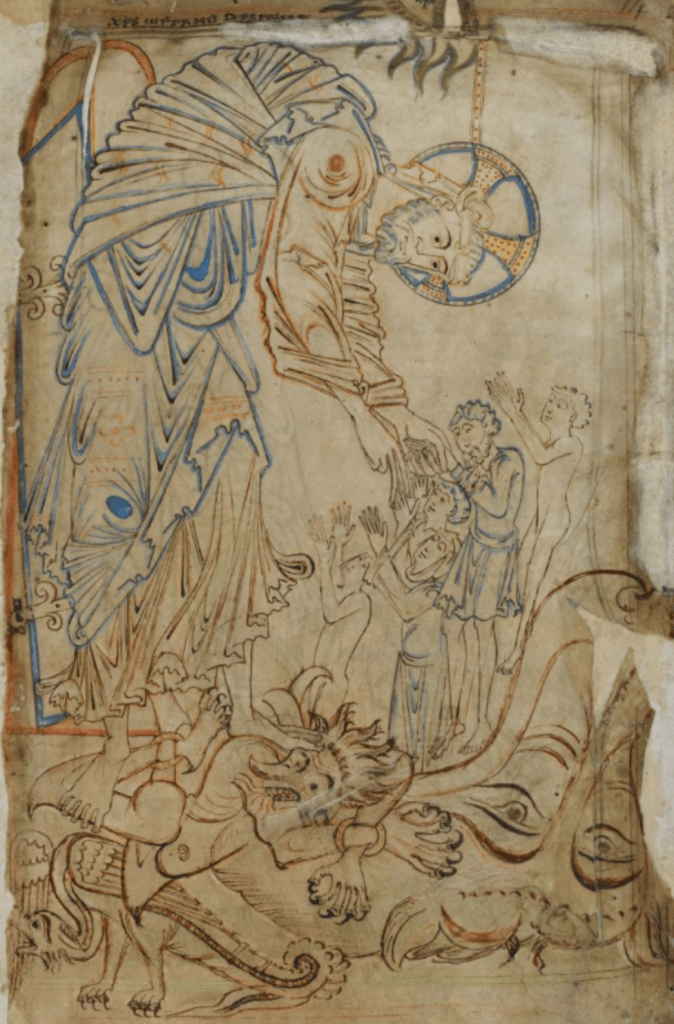 Medieval manuscript image of a large nimbed figure reaching down to a group of people who stretch their arms up to him, standing in the mouth of a monstrous beast; the large figure tramples on a demon and a dragon.
