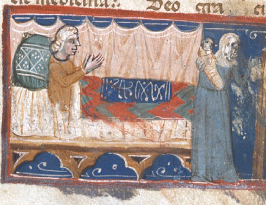 Medieval manuscript image of a woman lying in a bed screened by a curtain, with a swaddled infant held by a midwife.